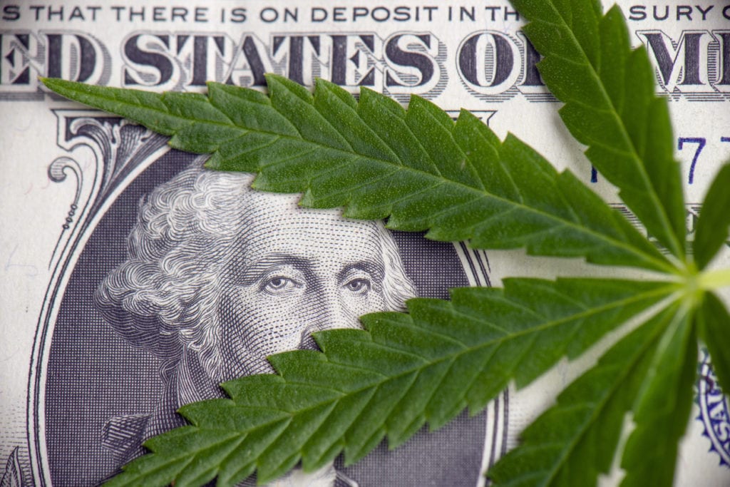 cannabis leaf on dollar bill