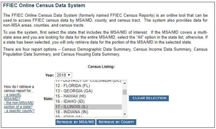 FFIEC Online Census Data System IL Dropdown