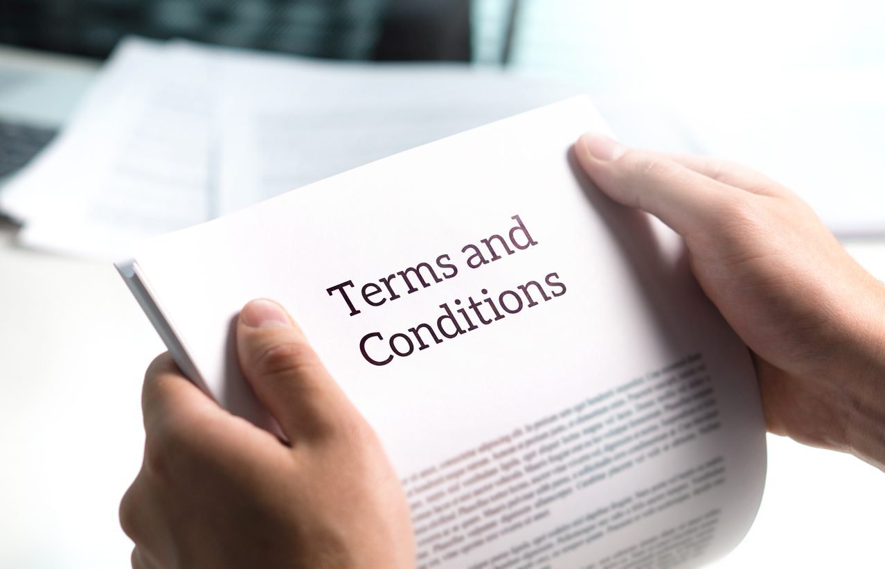 Terms and conditions text in legal agreement or document about service, insurance or loan policy. lending terms and conditions